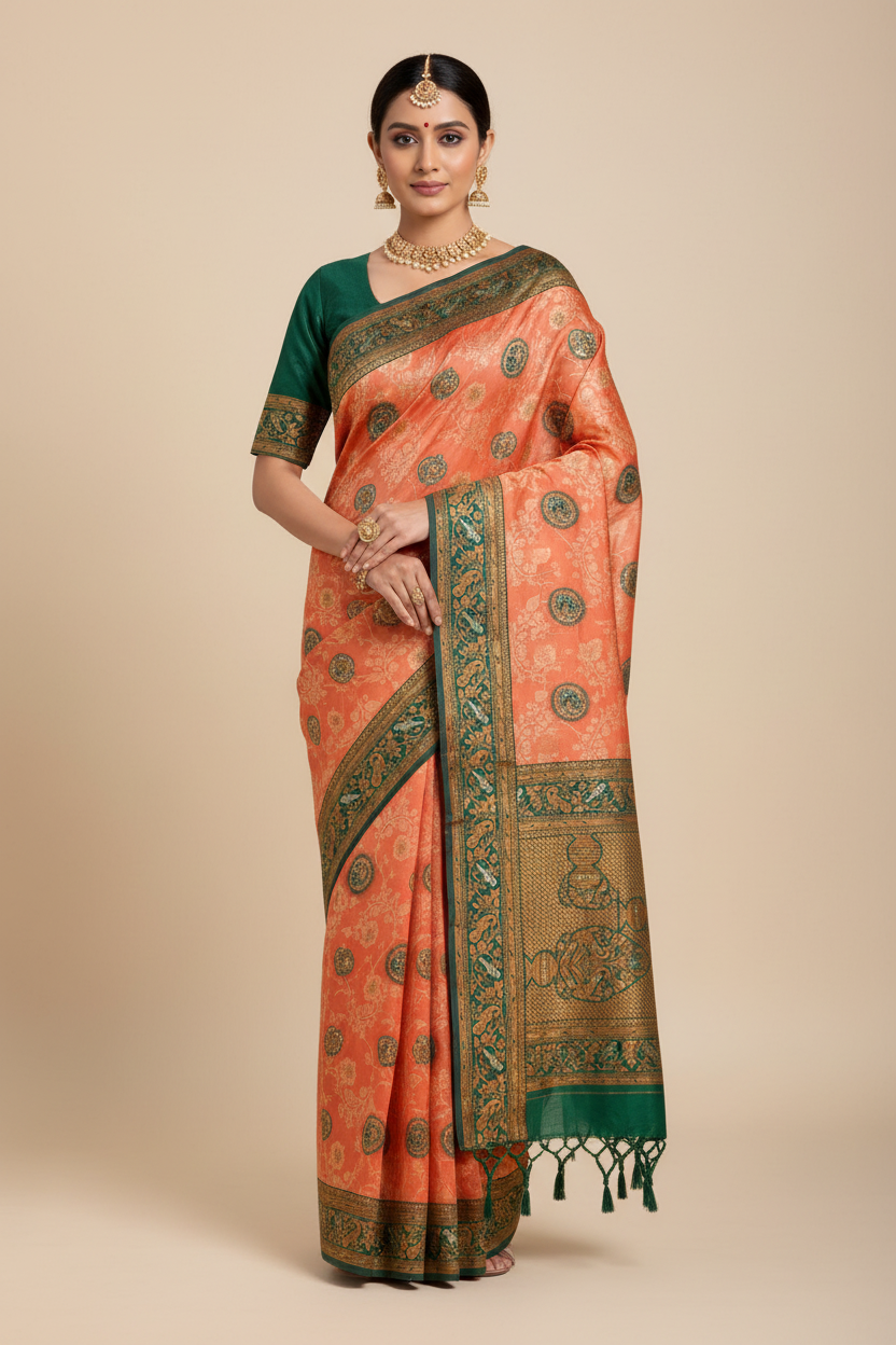 Fancy Tissue Saree Orange Colour with Green Border