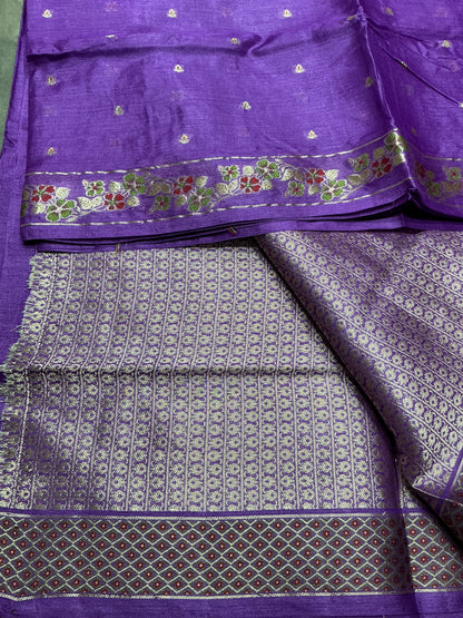 Pure Tussar Silk Saree Royal Purple Colour With Traditional Floral Zari Border