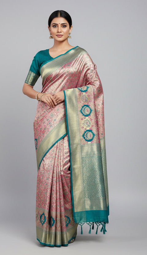Semi Silk Saree Pinkish Gold Colour with Sapphire Border