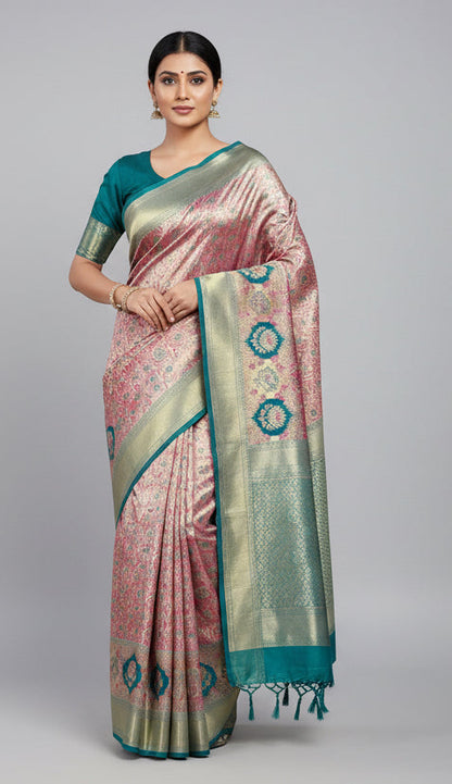Semi Silk Saree Pinkish Gold Colour with Sapphire Border