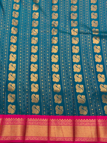 Vegan Silk Saree Peacock Blue Colour Saree with Pink Colour Contrast Border