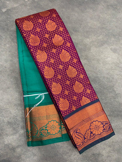 Vegan Silk Saree Magenta Colour with Green and Copper Border