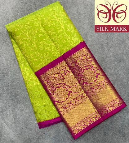 Lime Green Shade Pure Kanchipuram Kids Pattu Pavadai with Contrast Border for Newborn to 2 Years