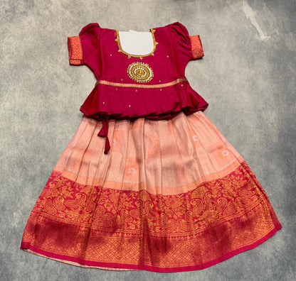 Ready To Wear Peach Pink Colour Pavadai with Contrast Dark Pink Colour Blouse