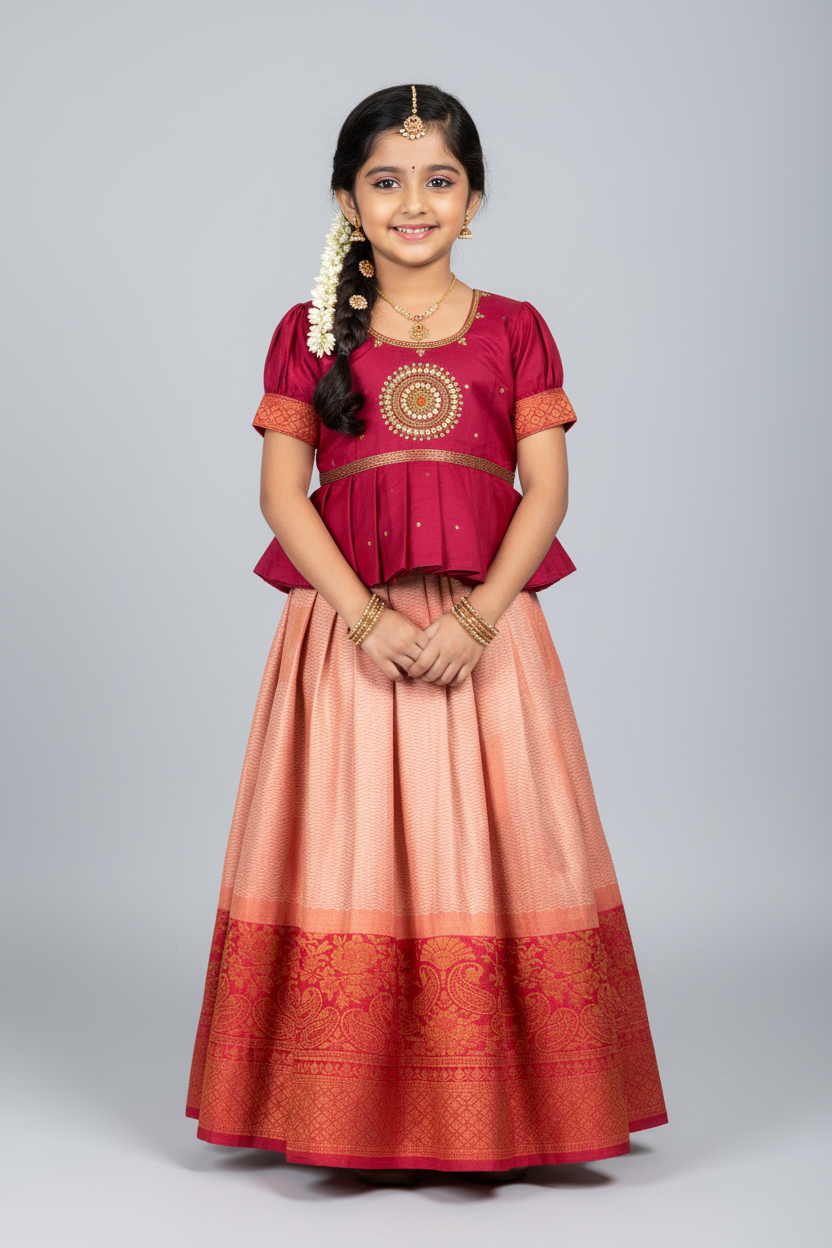 Ready To Wear Peach Pink Colour Pavadai with Contrast Dark Pink Colour Blouse