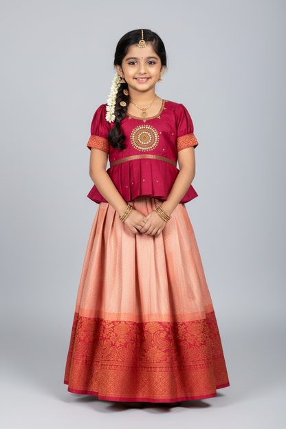 Ready To Wear Peach Pink Colour Pavadai with Contrast Dark Pink Colour Blouse