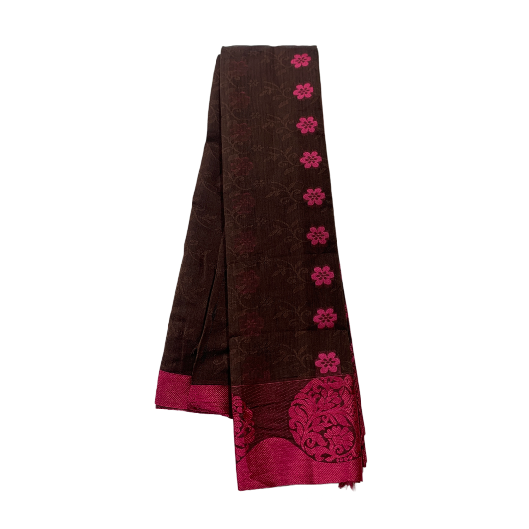 Chocolate Brown shade silk cotton Saree with Pink Border