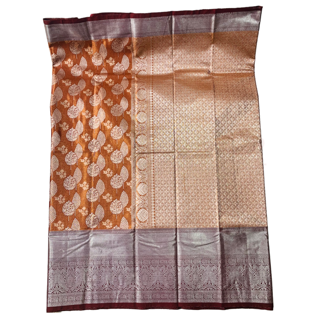 Vegan Silk Saree Chocolate Brown shade with Sliver Border