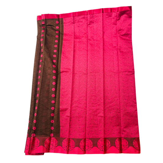 Chocolate Brown shade silk cotton Saree with Pink Border