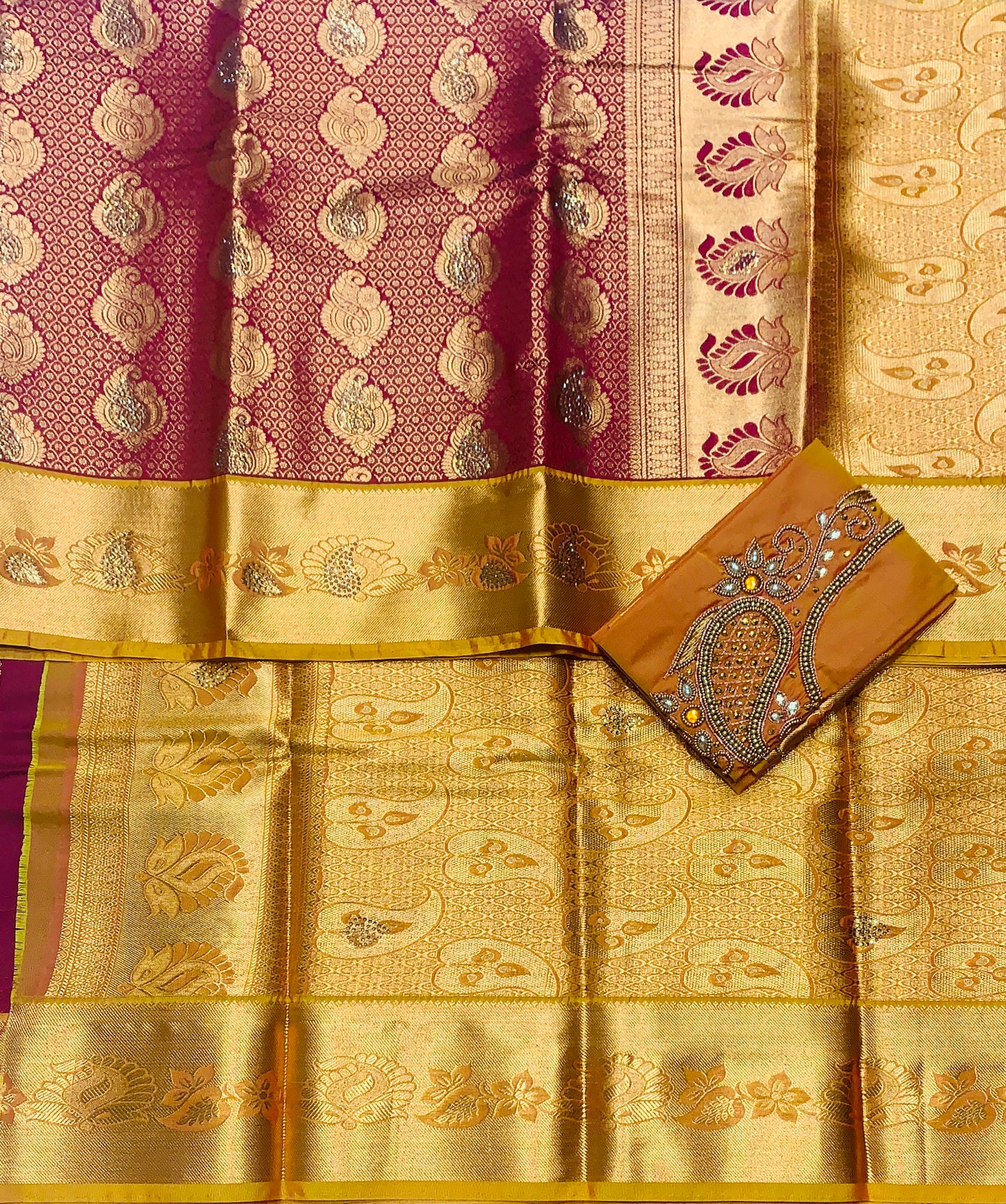 Bridal Vegan Silk Saree Maroon shade with Golden Yellow Border with Unstitched blouse in Aari Work