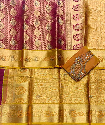 Bridal Vegan Silk Saree Maroon shade with Golden Yellow Border with Unstitched blouse in Aari Work