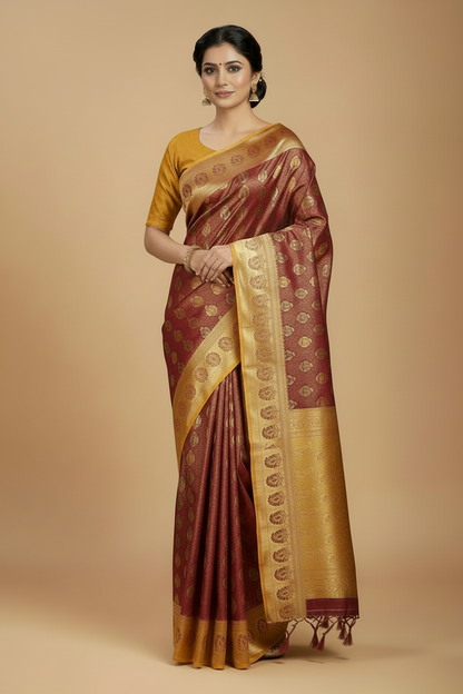 Bridal Vegan Silk Saree Maroon shade with Golden Yellow Border with Unstitched blouse in Aari Work