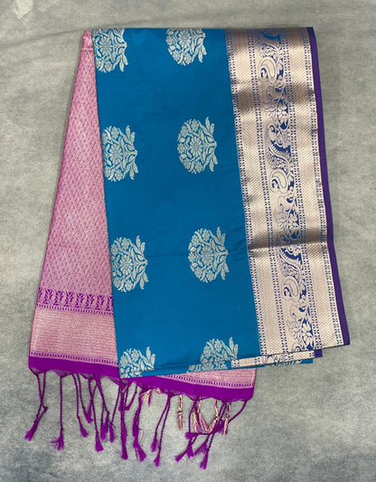 Art Silk Saree Sky Blue Colour with Purple Colour Border