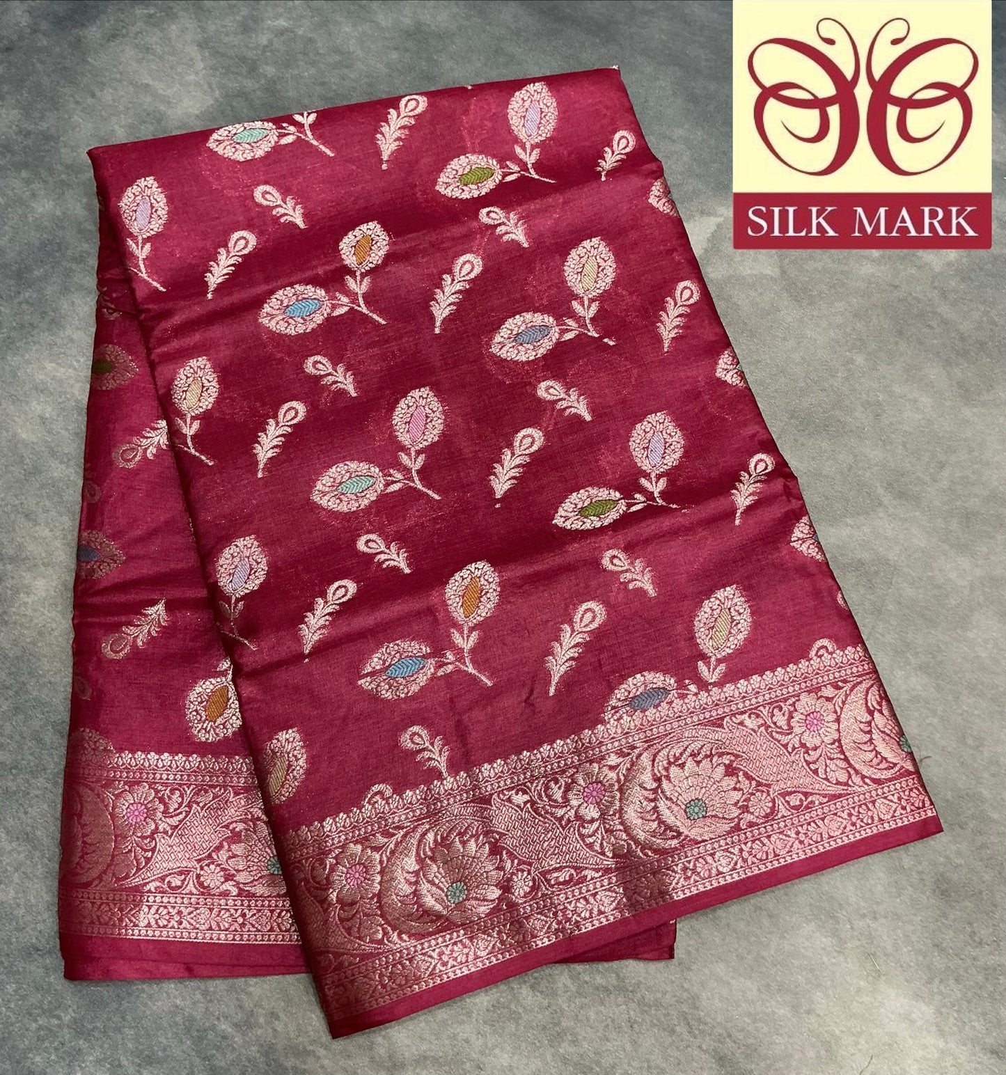 Pure Tussar Silk Saree Wine Pink Colour With Elegant Multicolour Floral Woven Border