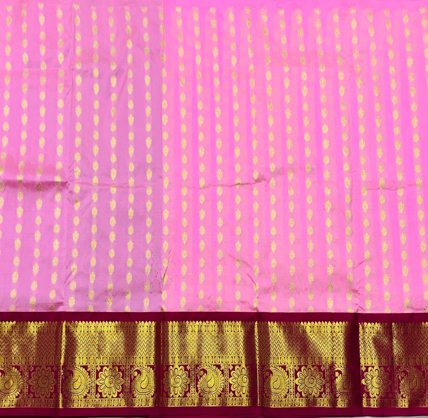 Rose Milk Colour Pure Kanchipuram Kids Pattu Pavadai with Contrast border for age 2 to 5