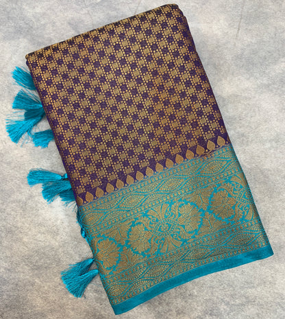 Crepe Saree Navy Blue Colour with Sky Blue Border