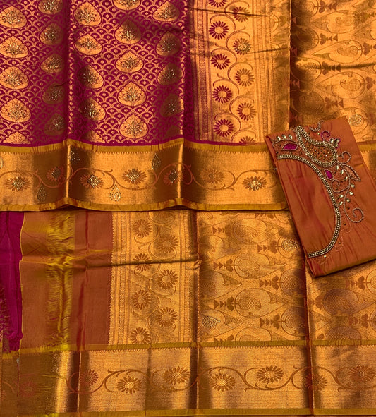 Bridal Vegan Silk Saree Pink Colour with Golden Yellow Border with Unstitched blouse in Aari work
