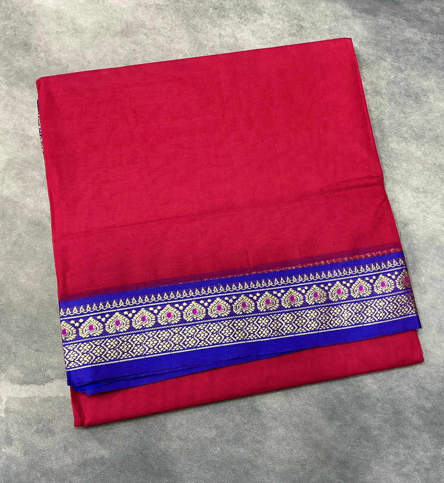 Chettinad Cotton Saree Red Colour with Blue Colour with Thread Work Border