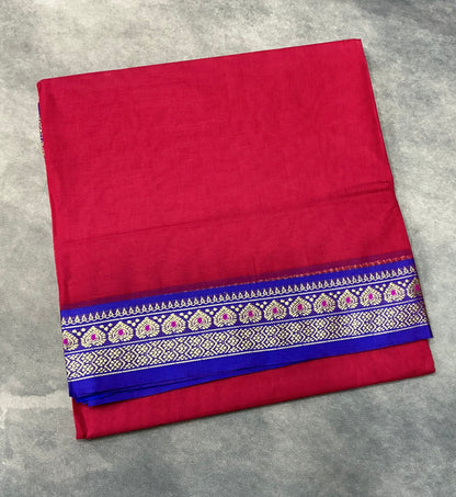 Chettinad Cotton Saree Red Colour with Blue Colour with Thread Work Border
