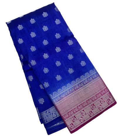 Tussar Saree Colour Ink Blue Colour with Pink Border