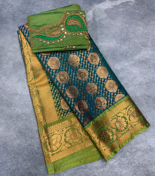 Bridal Vegan Silk Saree Rama Green shade with Light Green Border with Unstitched blouse in Aari Work