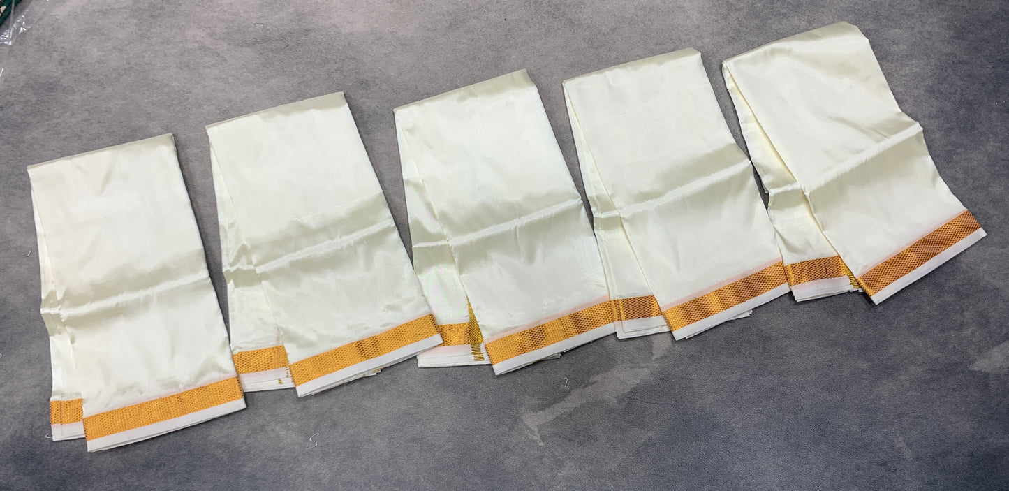 Art Silk Pooja Towel Cream with Small Gold Zari Border - Pack of 5