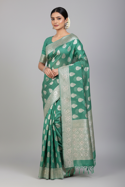 Banaras Katan Saree Light Green Colour with Katan Work Border