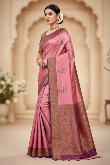Fancy Tissue Saree Pink Colour with Magenta Border