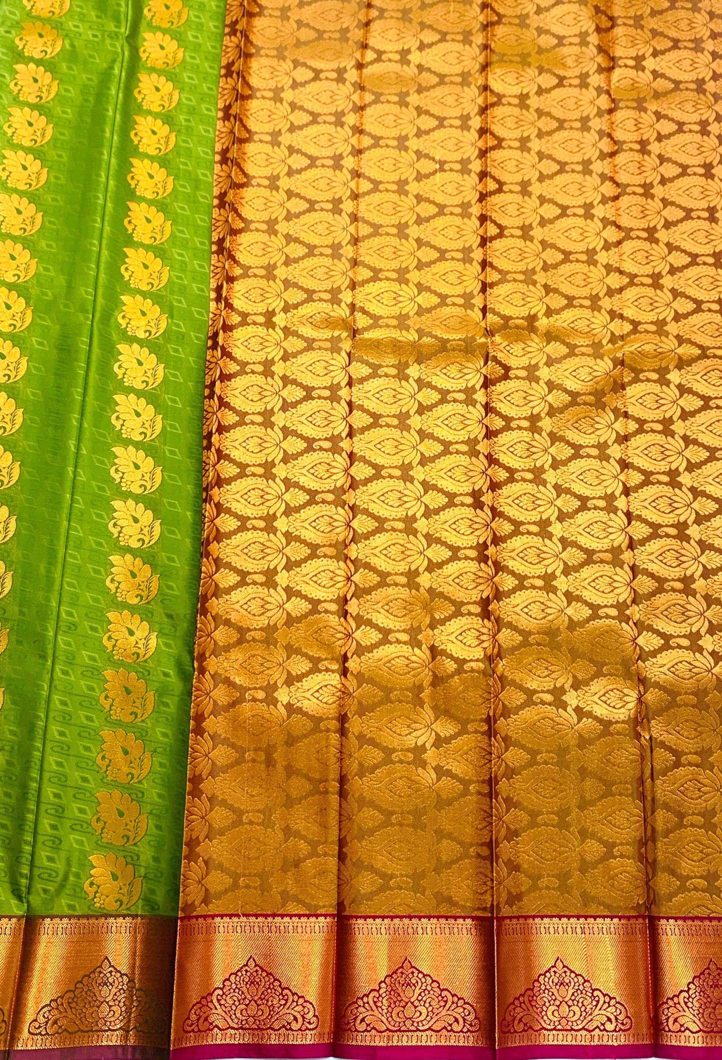 Vegan Silk Saree Olive Green shade with Copper Border