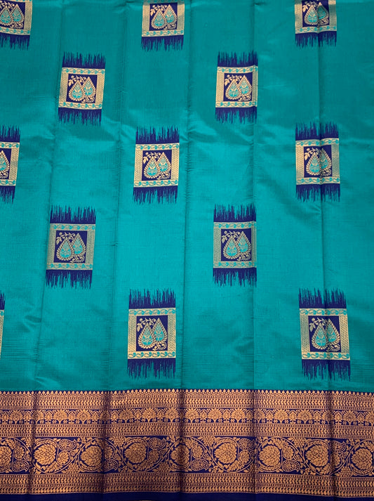 Art Silk Saree Peacock Green Colour with Navy Blue Border