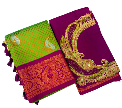 Bridal Vegan Silk Saree Apple Green shade with Pink Border with Unstitched blouse in Aari work