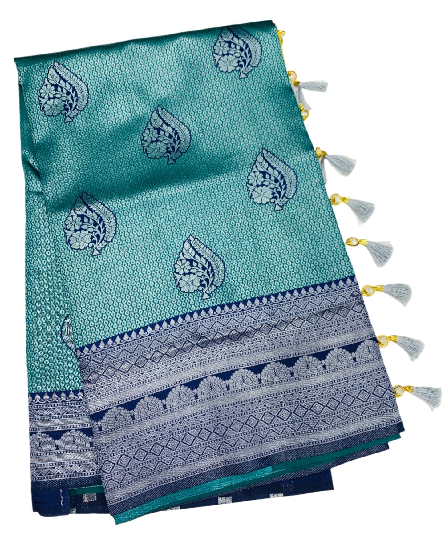 Art Silk Saree Peacock Green Colour with Blue Border