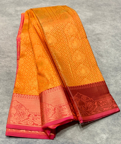Vegan Silk Saree Golden Colour with Pink and Copper Floral Border