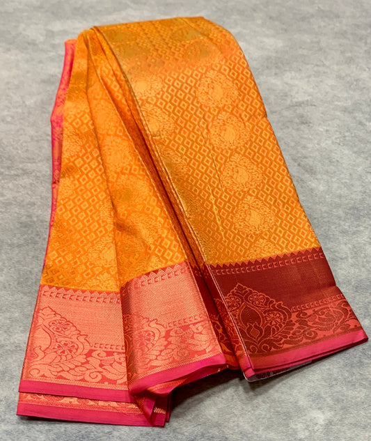 Vegan Silk Saree Golden Colour with Pink and Copper Floral Border