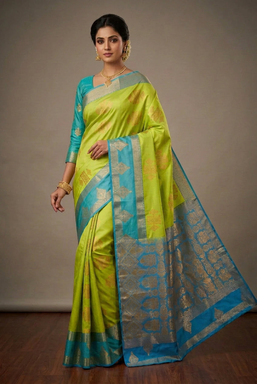 Soft Silk Casual Saree Apple Green Colour with Rettai Rama Green Colour Border