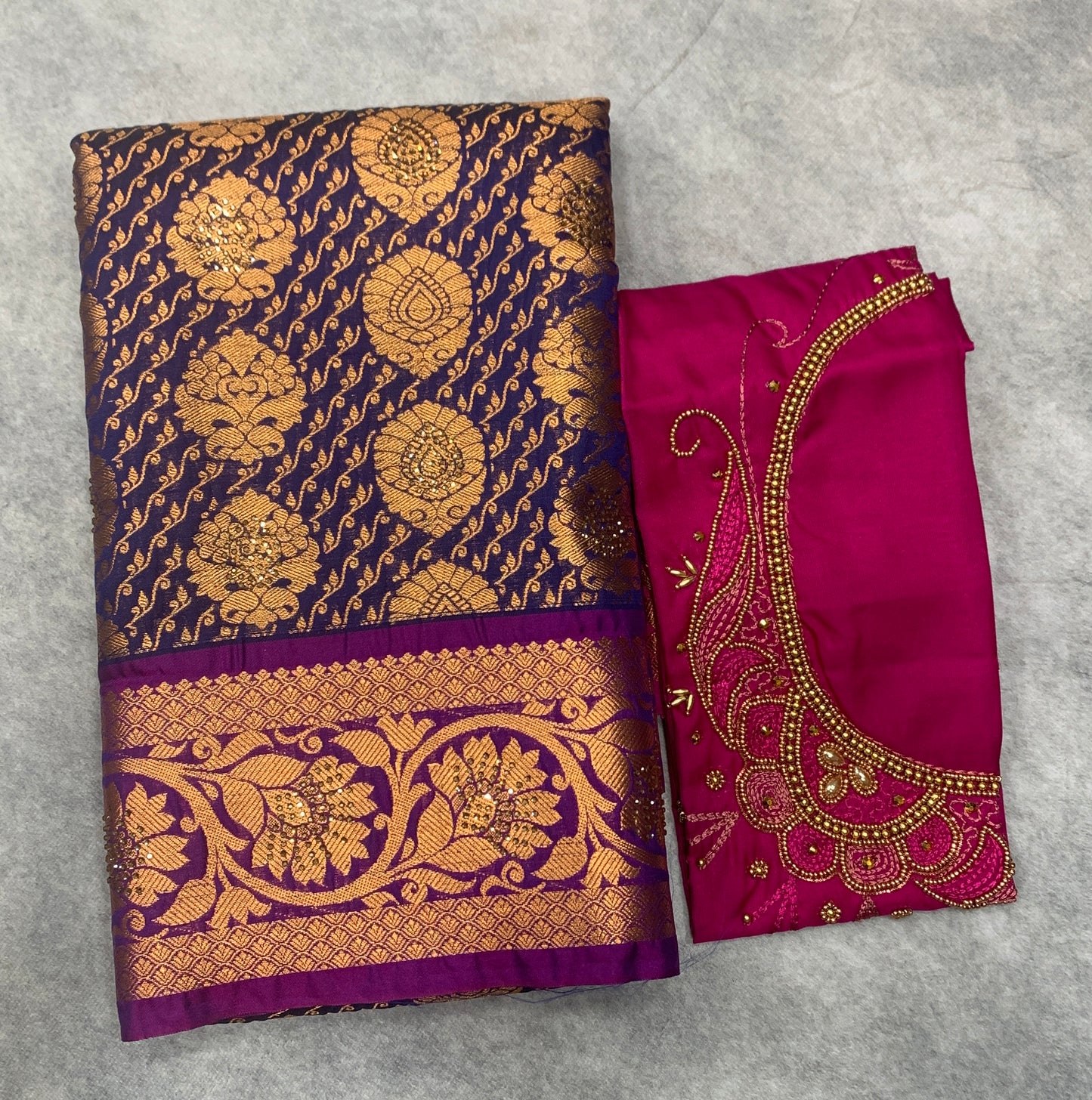 Bridal Vegan Silk Saree Violet shade with Purple Border with Unstitched blouse in Aari Work