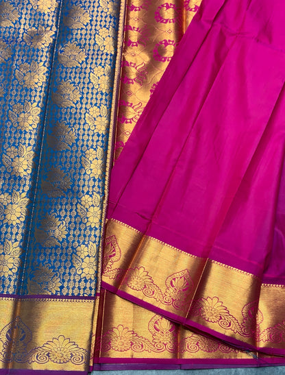 Vegan Silk Saree Blue Colour with Magenta and Copper Border