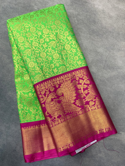 Light Green Colour Semi Silk Saree with Big Pink Border