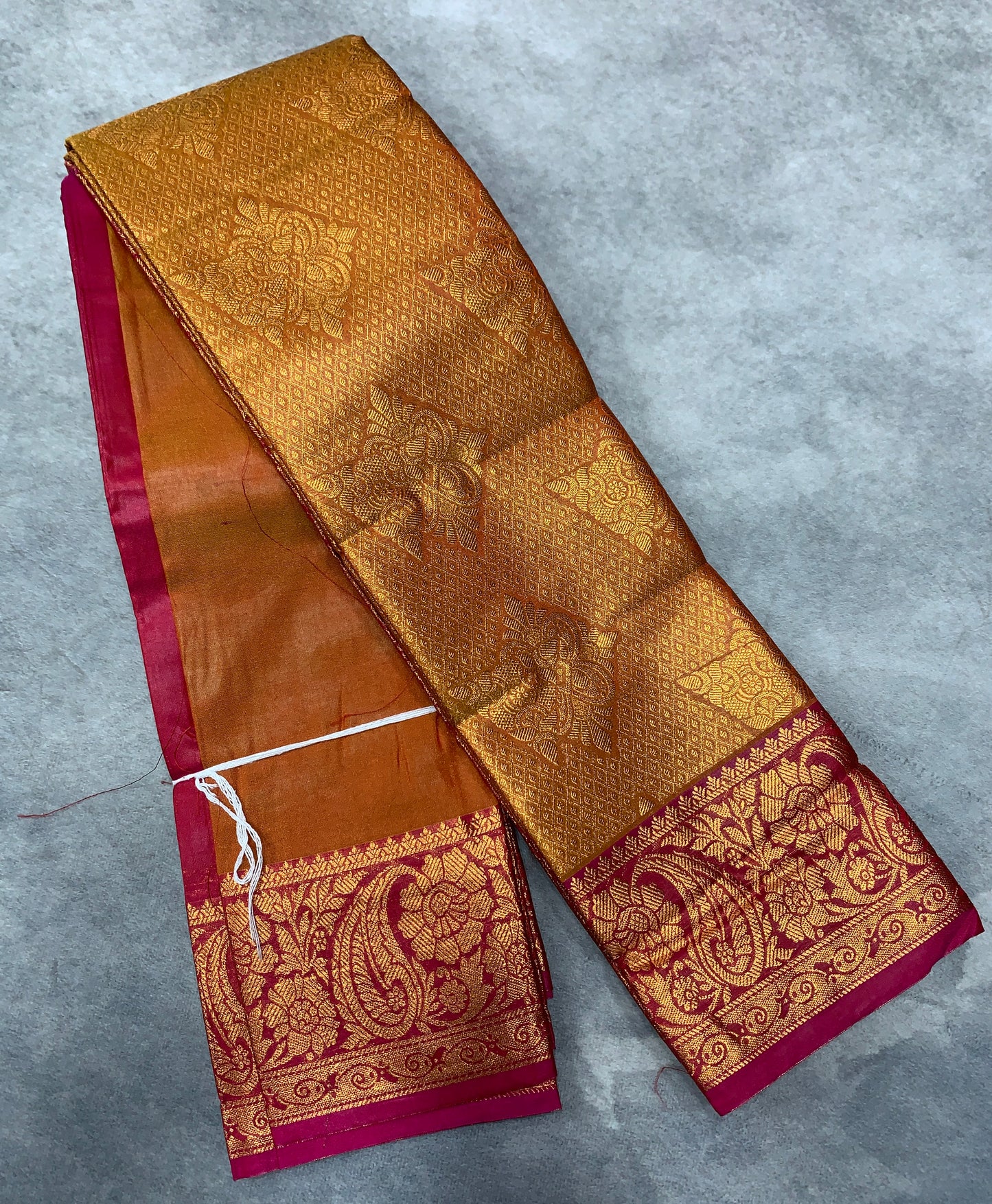 Vegan Silk Saree Mustard Colour with Copper and Pink Border