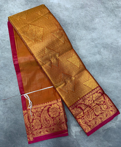 Vegan Silk Saree Mustard Colour with Copper and Pink Border