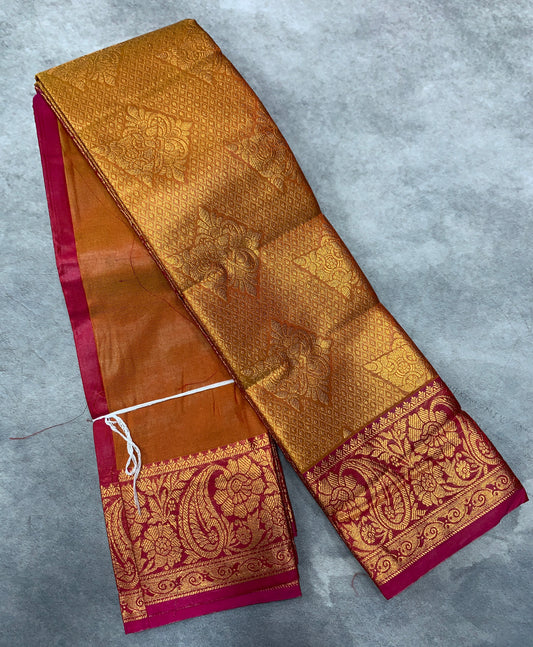 Vegan Silk Saree Mustard Colour with Copper and Pink Border
