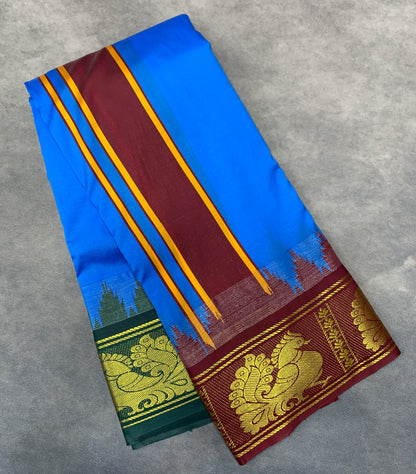 Art Silk Dhothi 9X5 Sky Blue Colour with Maroon and Green Colour Ganga Jamuna Border