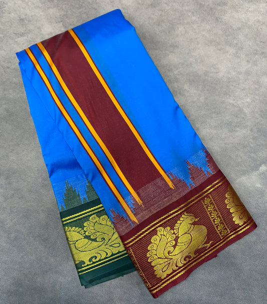 Art Silk Dhothi 9X5 Sky Blue Colour with Maroon and Green Colour Ganga Jamuna Border