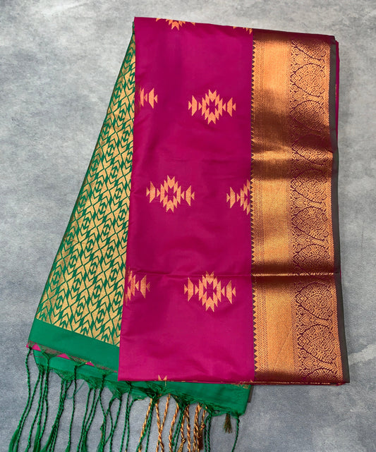 Soft Vegan Silk Saree Pink Colour with Light Green and Copper Border