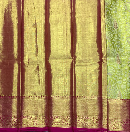 Lime Yellow Shade Pure Kanchipuram Kids Pattu Pavadai with Contrast Border for Newborn to 2 Years