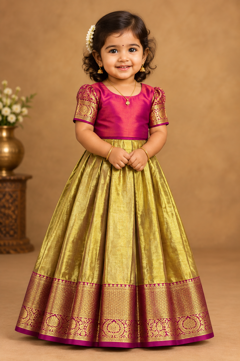 Lime Yellow Shade Pure Kanchipuram Kids Pattu Pavadai with Contrast Border for Newborn to 2 Years