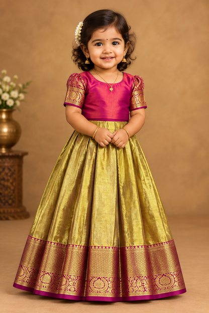 Lime Yellow Shade Pure Kanchipuram Kids Pattu Pavadai with Contrast Border for Newborn to 2 Years