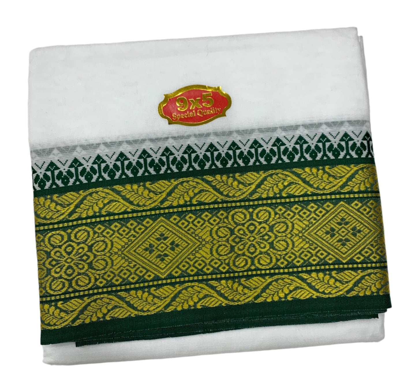 9X5 Cotton Dhoti White with Green and Maroon Ganga Jamuna Border