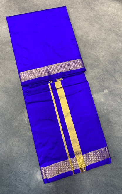 9X5 Pure Silk Dhoti Violet Colour with Small Golden Zari Border