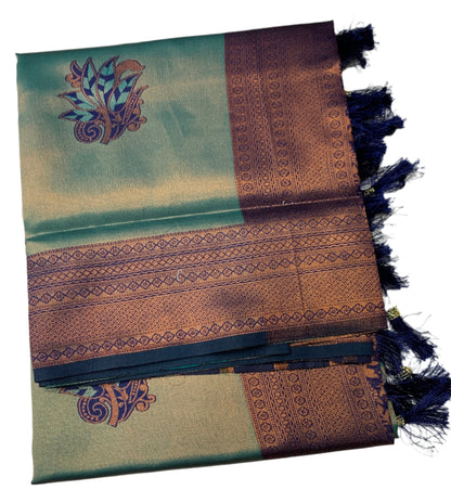 Art Silk Peacock Green Colour Saree with Navy Blue Border